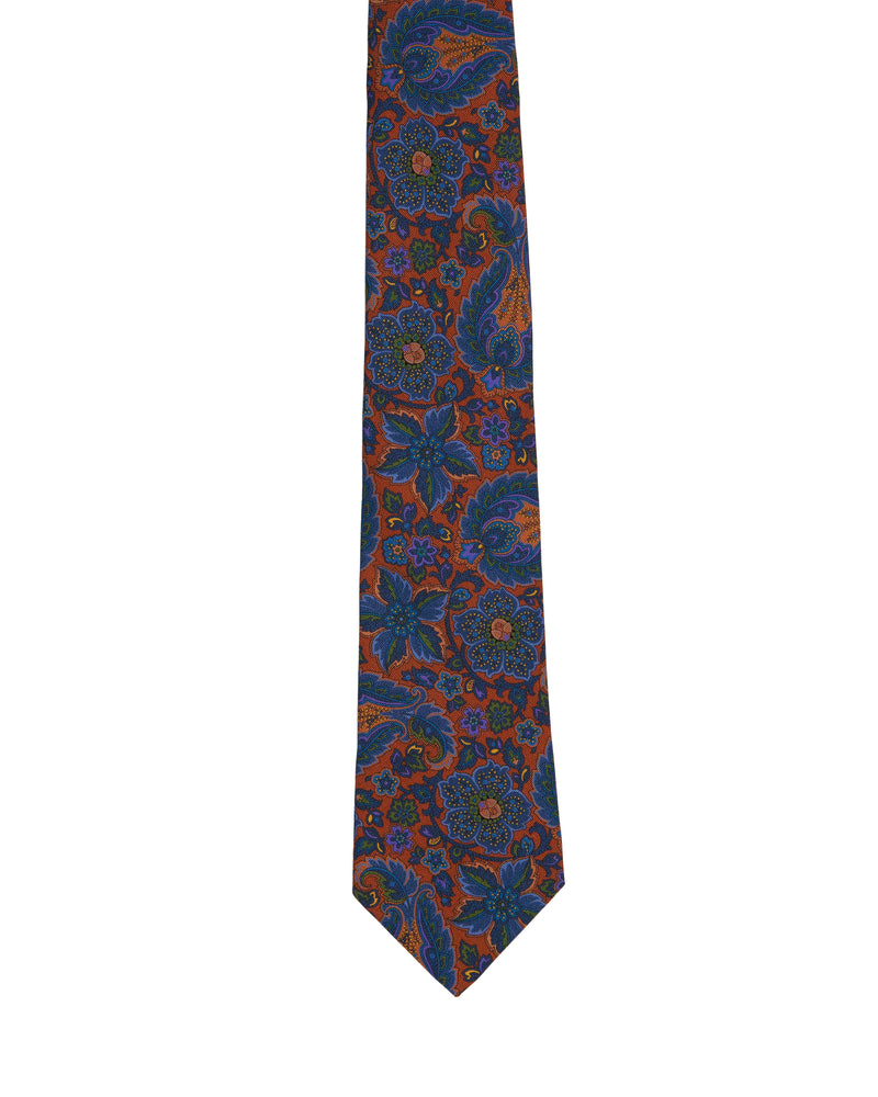 Tie - 4 Folded - Printed silk - Orange with gingham and flower