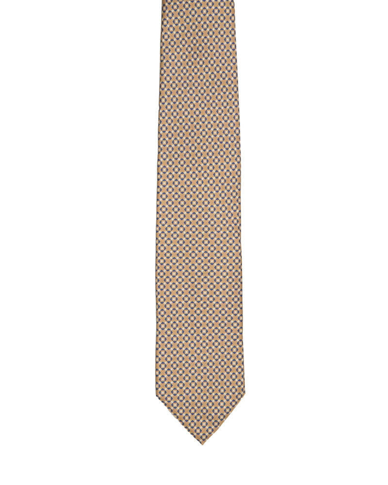 Tie - 4 Folded - Printed silk - Brown with blue rectangle