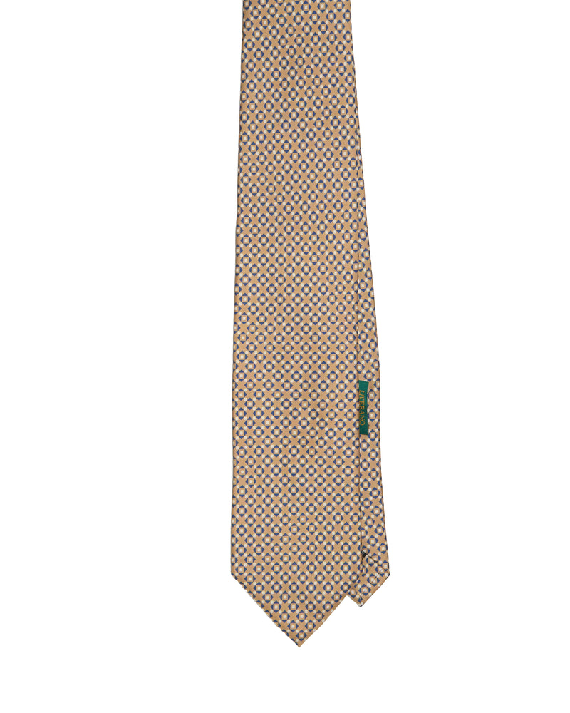 Tie - 4 Folded - Printed silk - Brown with blue rectangle