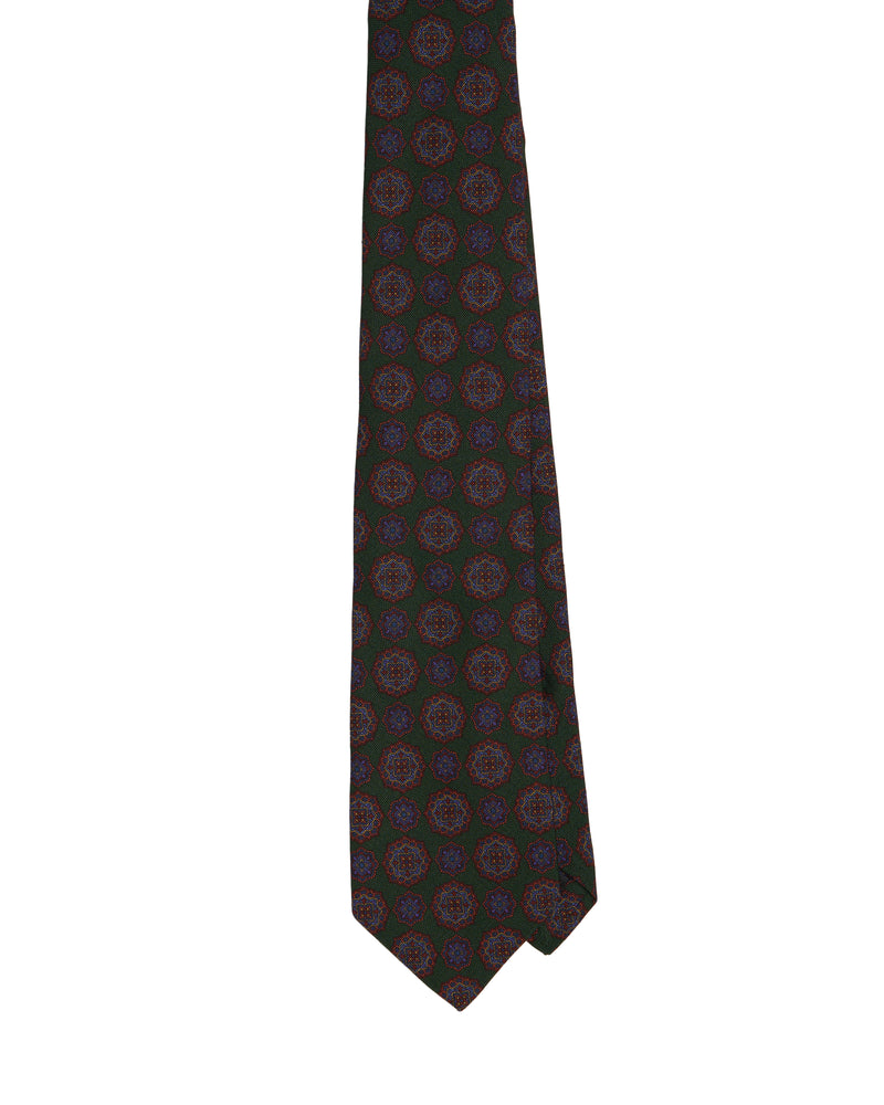 Tie - 4 Folded - Printed silk - Green with medallion motif