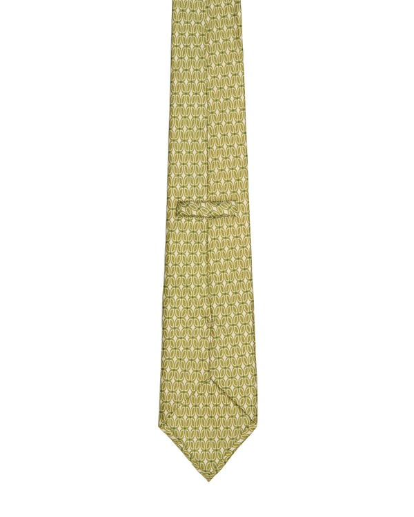 Tie - 4 Folded - Printed silk - Green with retro pattern