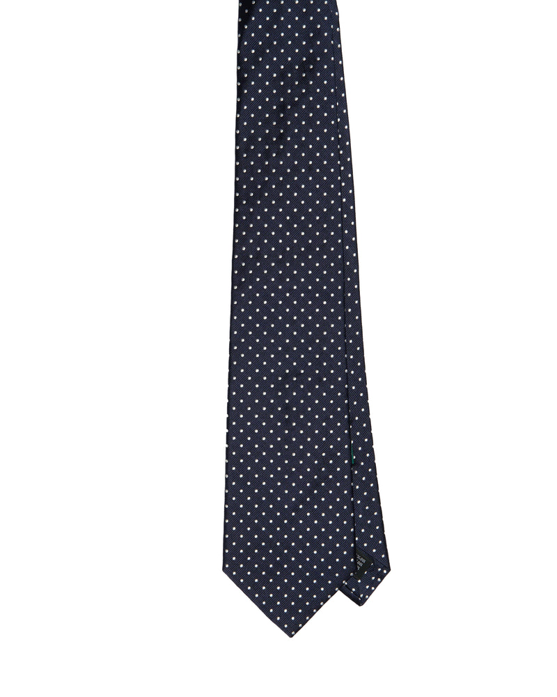 Tie - 4 Folded - Jacquard silk - Blue with micro white dots