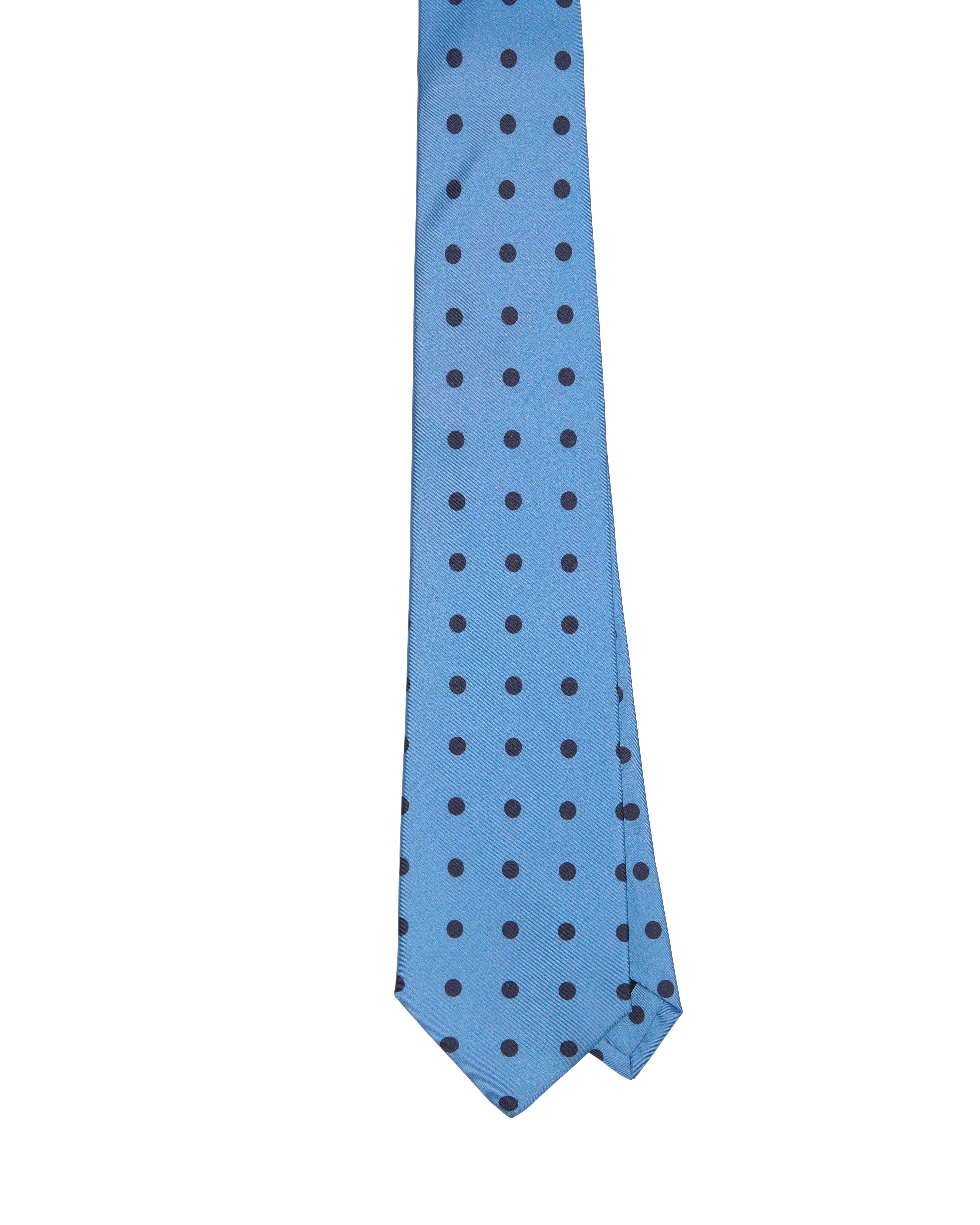 Printed tie - 3 Fold - Sky blue with large black polka dots