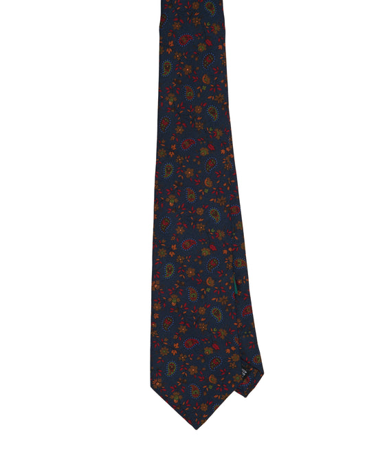 Printed tie - 3 Fold - Navy blue with small flower