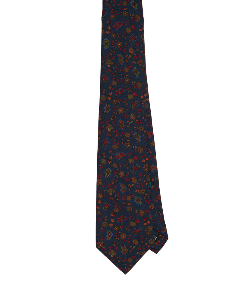 Tie - 4 Folded - Printed silk - Navy blue with small flower