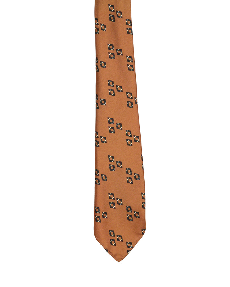 Printed tie - 7 Fold - orange with square motif