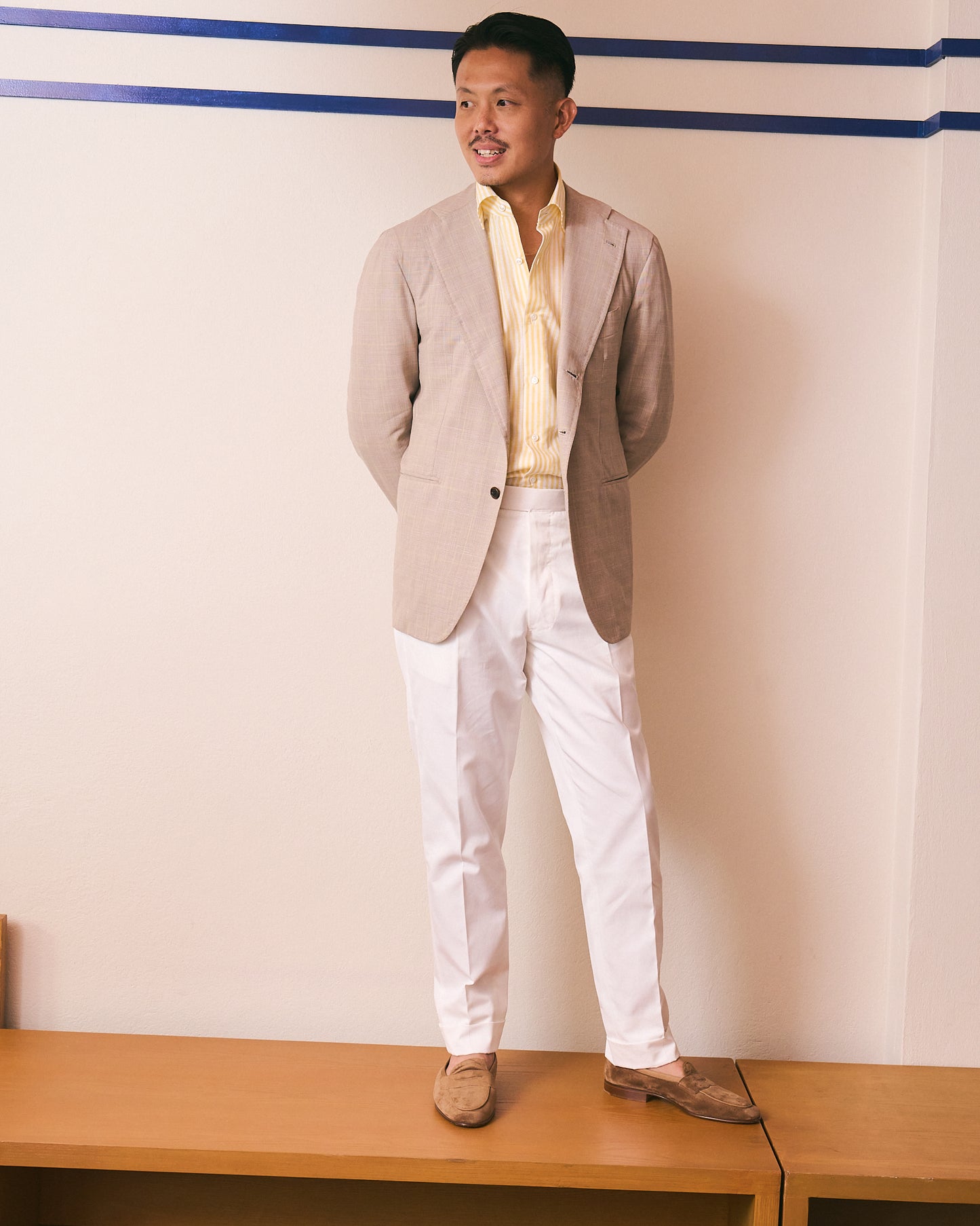 Spread collar shirt - Lemon stripe cotton and linen