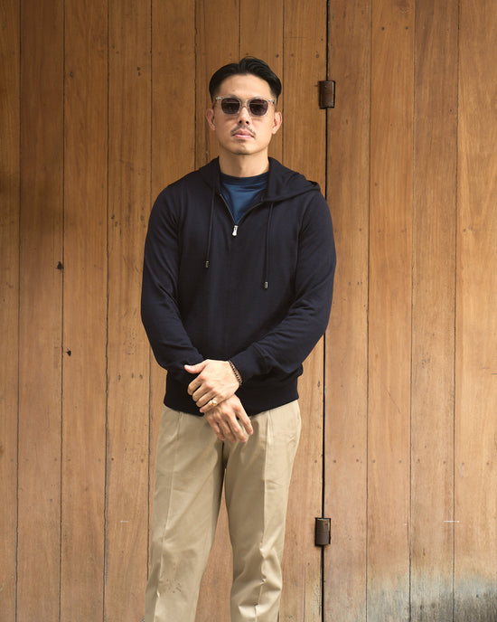 Knitted wool hoodie with zip - Navy blue
