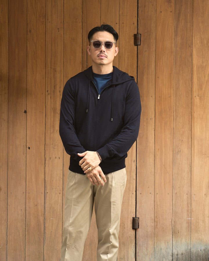 Knitted wool hoodie with zip - Navy blue