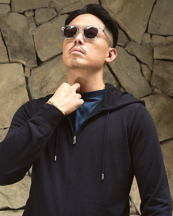 Knitted wool hoodie with zip - Navy blue