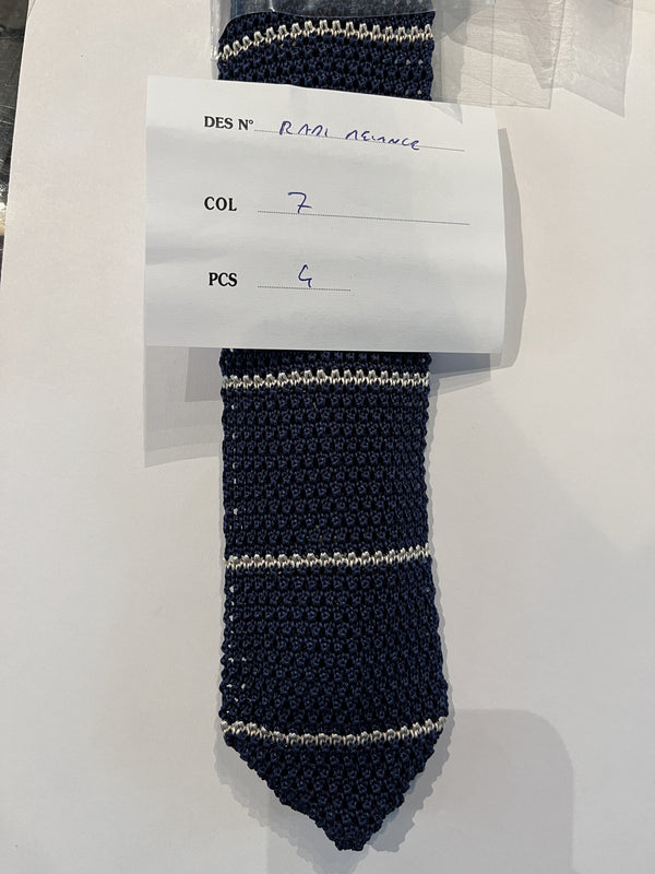 Knitted tie - Navy blue with white stripe  - silk