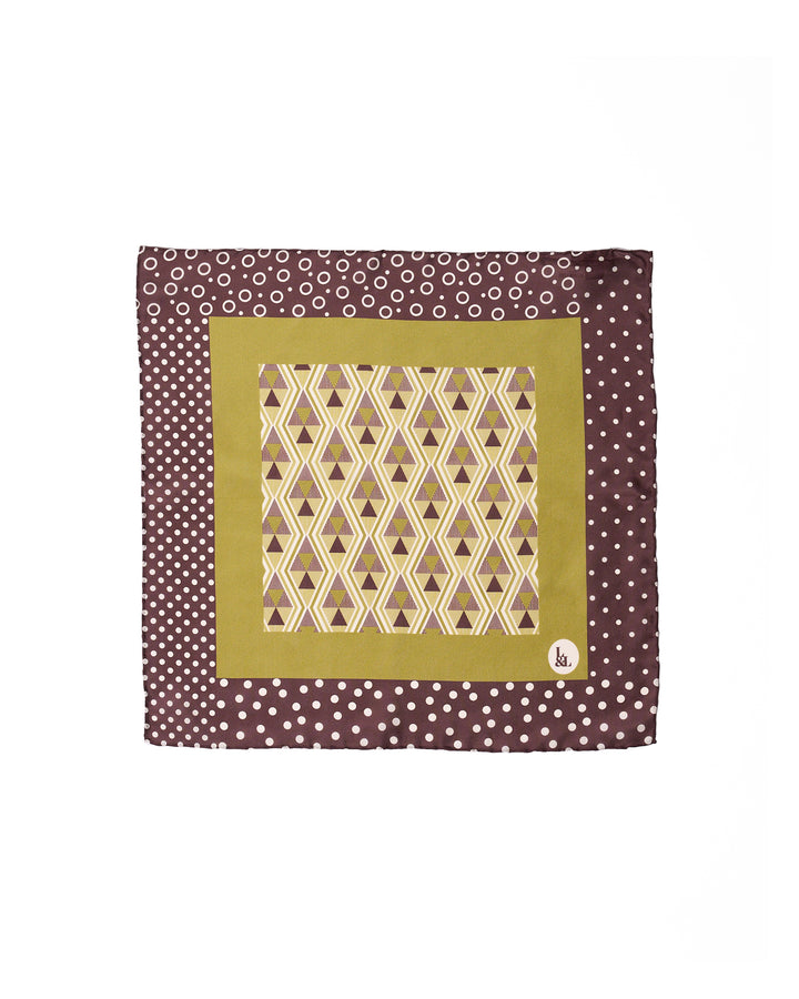 Pocket square - silk - Brown and olive geometric and dots