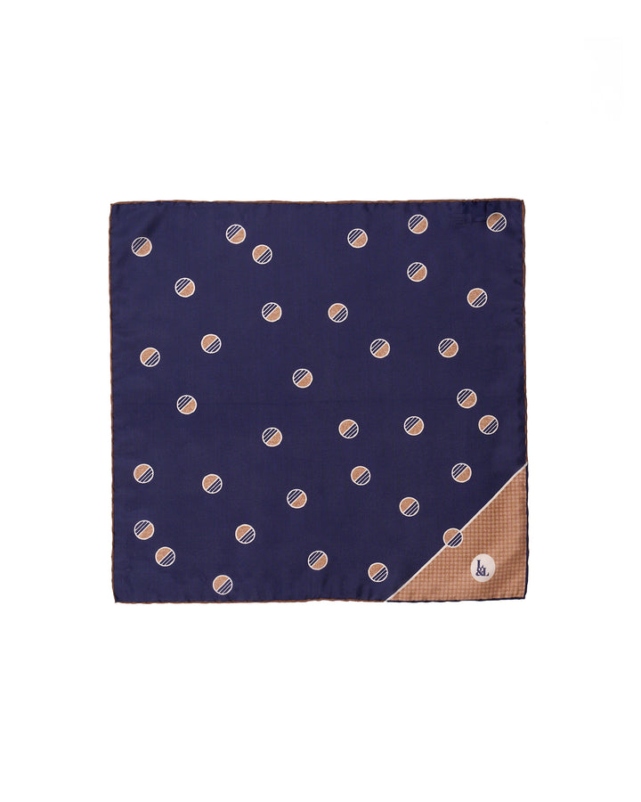 Pocket square - silk - Navy blue with large brown circle