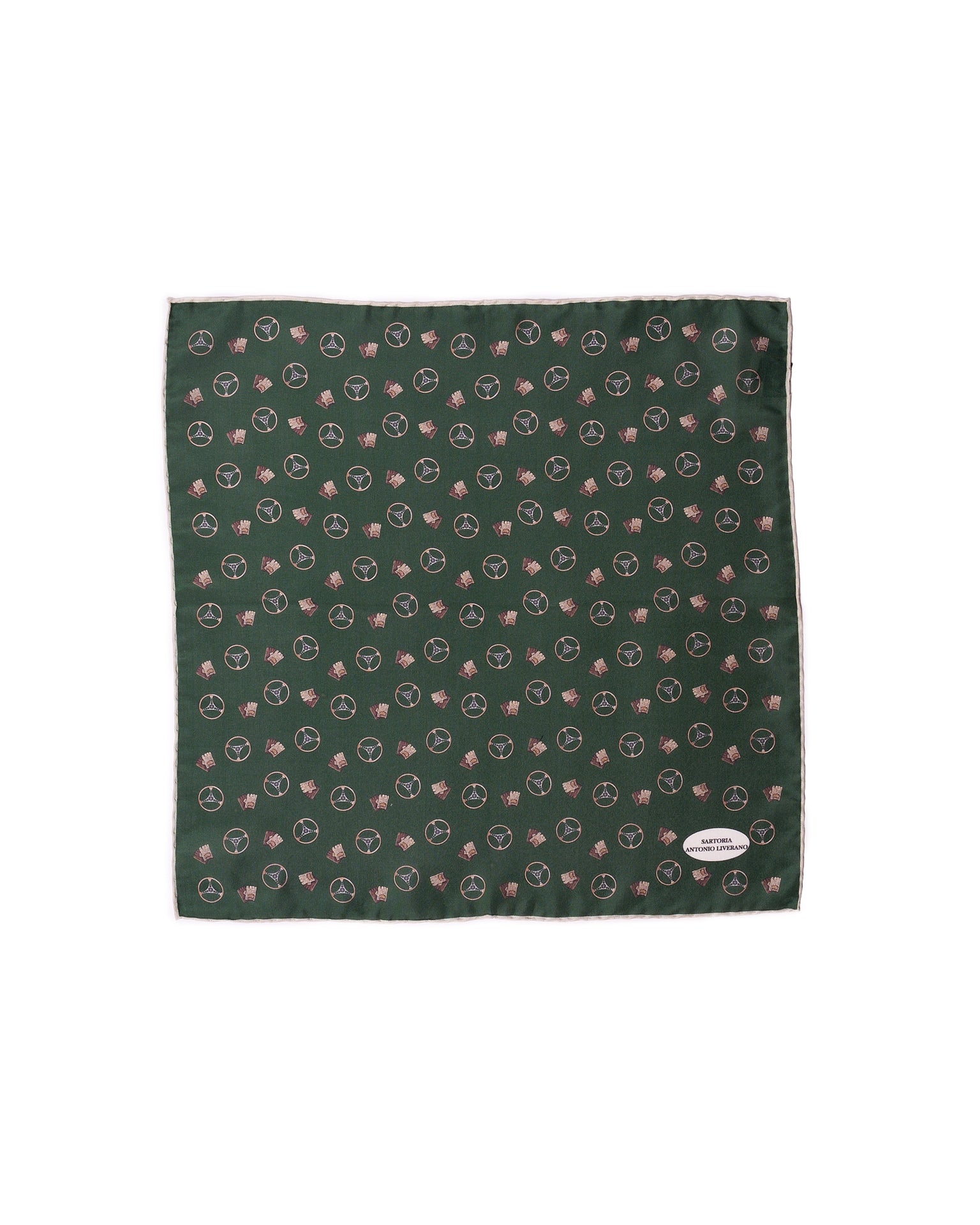 Pocket square - silk - Green with brown gloves and wheels