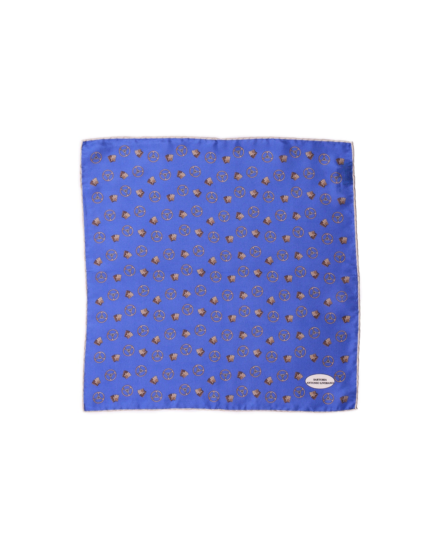 Pocket square - silk - Blue with brown gloves and wheels