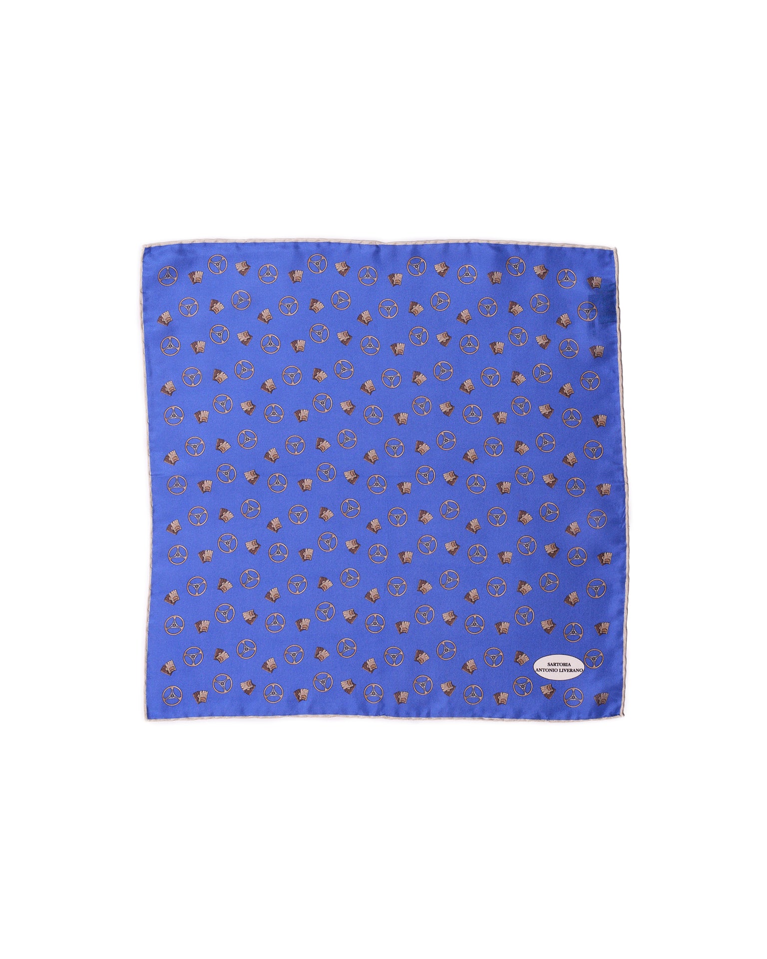 Pocket square - silk - Blue with brown gloves and wheels