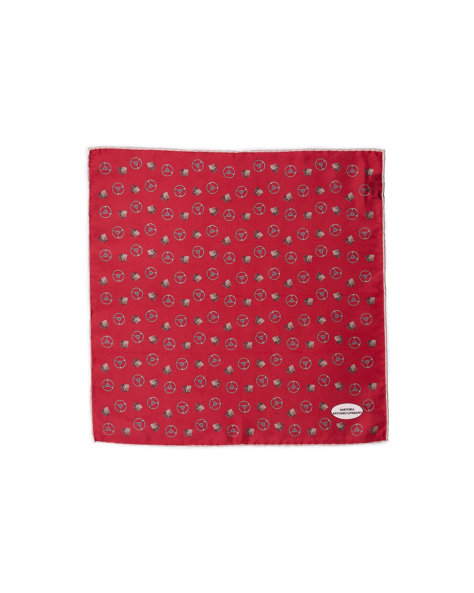 Pocket square - silk - Red with brown gloves and wheels