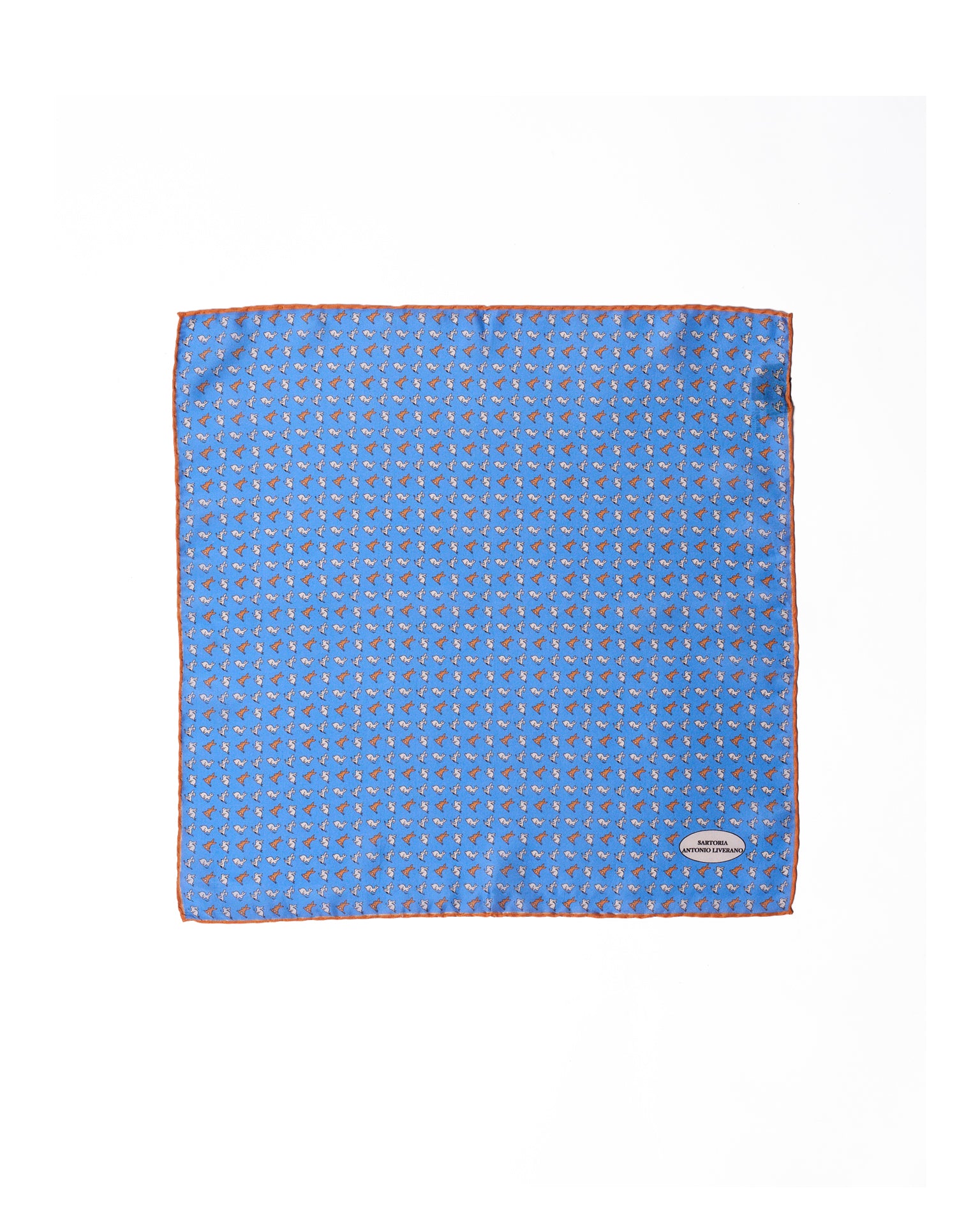 Pocket square - Printed silk - Blue with white and orange rabbit motif