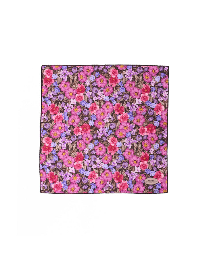 Pocket square - Printed silk - Purple with blue flower motif