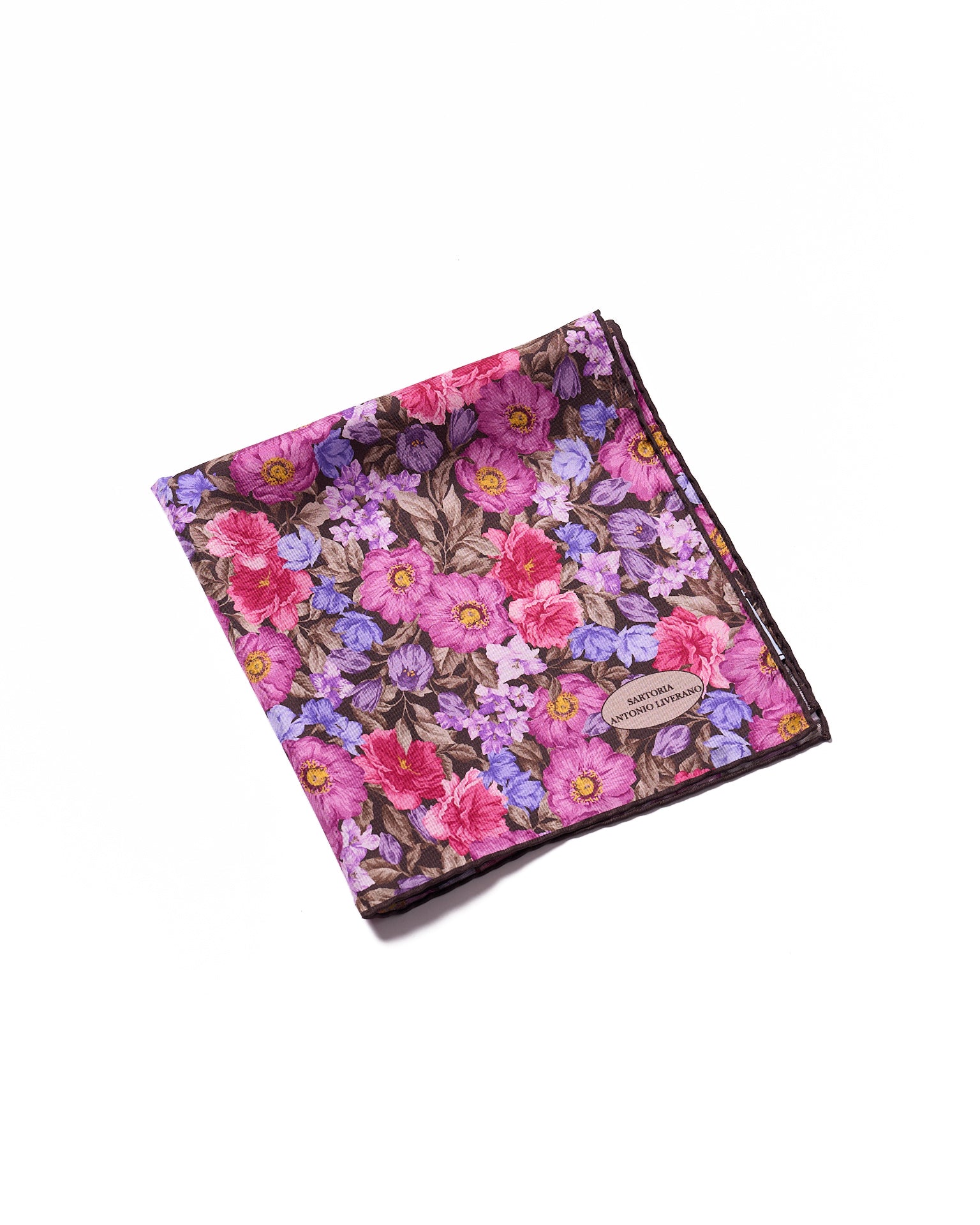 Pocket square - Printed silk - Purple with blue flower motif