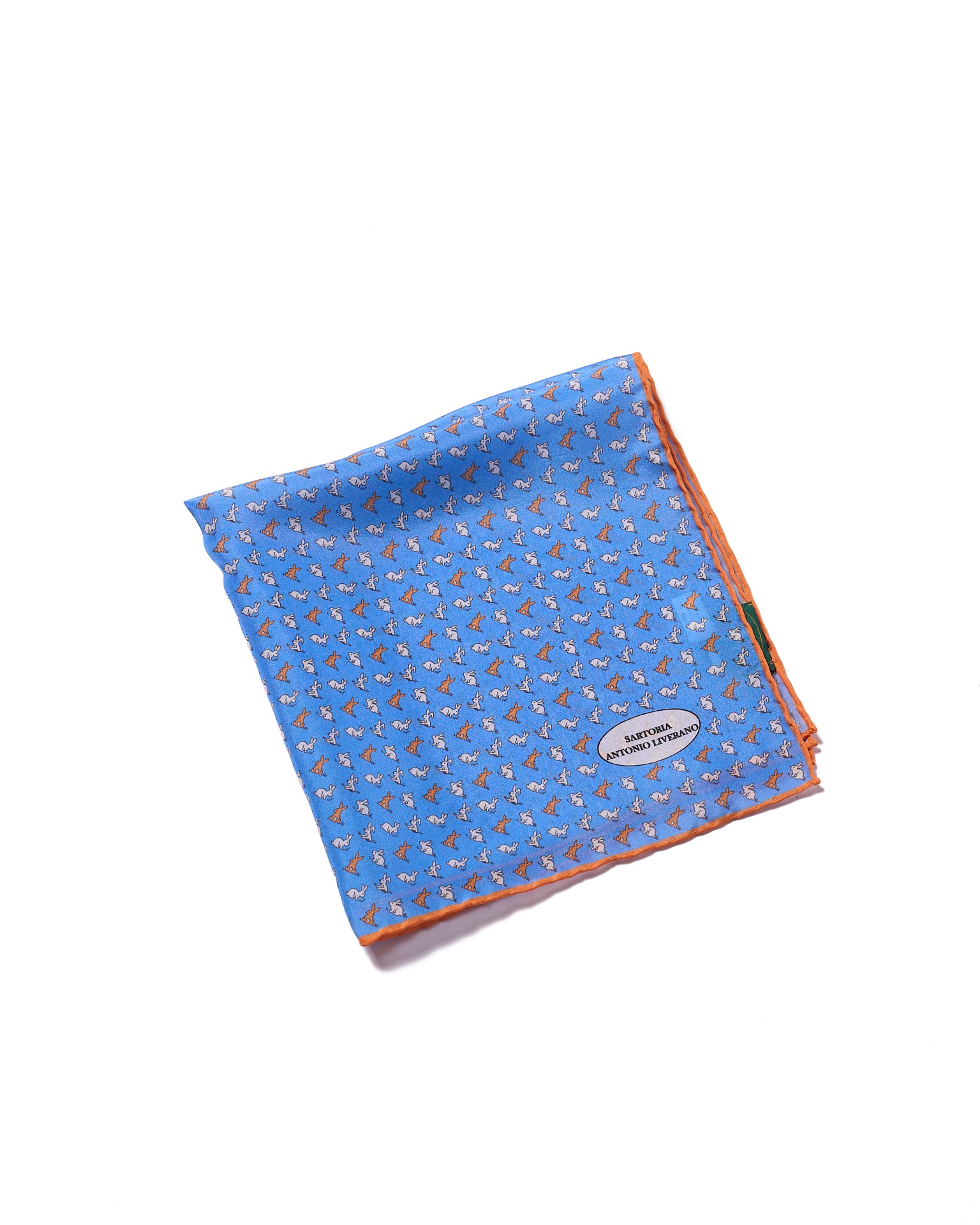 Pocket square - Printed silk - Blue with white and orange rabbit motif