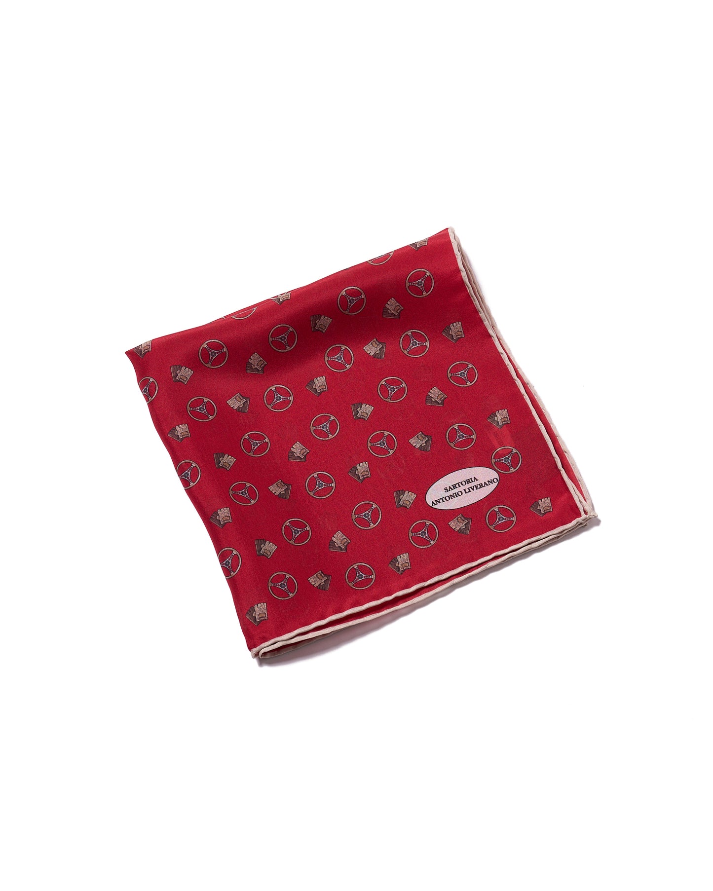 Pocket square - silk - Red with brown gloves and wheels