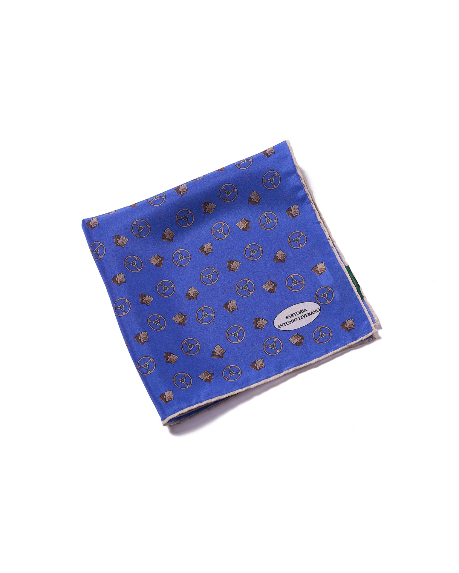 Pocket square - silk - Blue with brown gloves and wheels