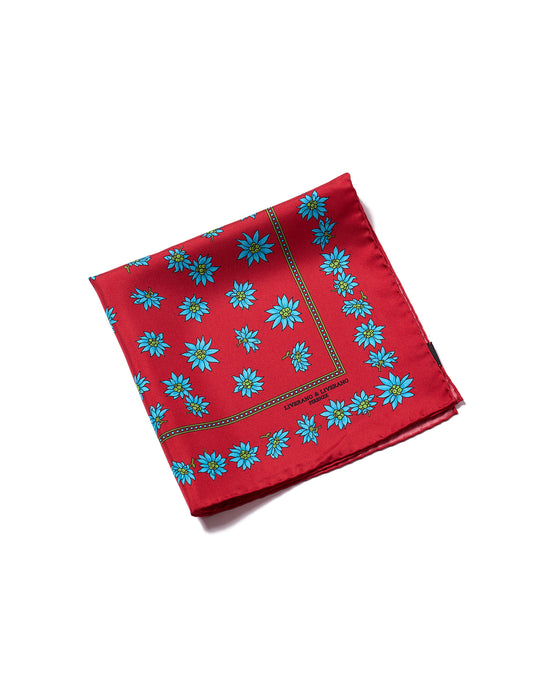 Pocket square - Printed silk - Red with blue flower