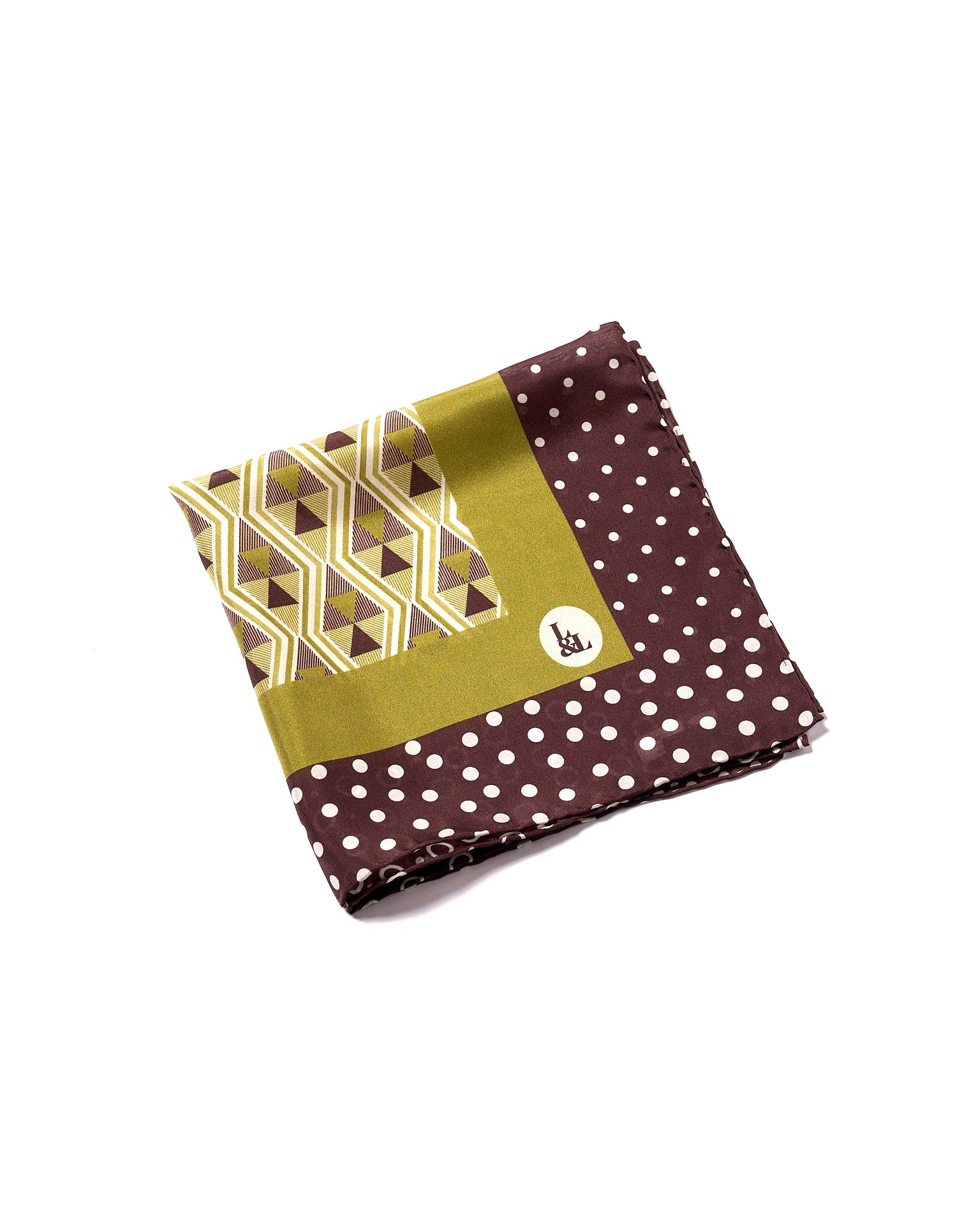 Pocket square - silk - Brown and olive geometric and dots