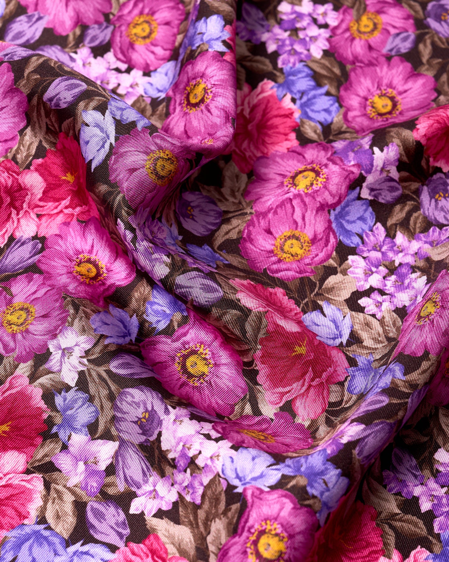 Pocket square - Printed silk - Purple with blue flower motif