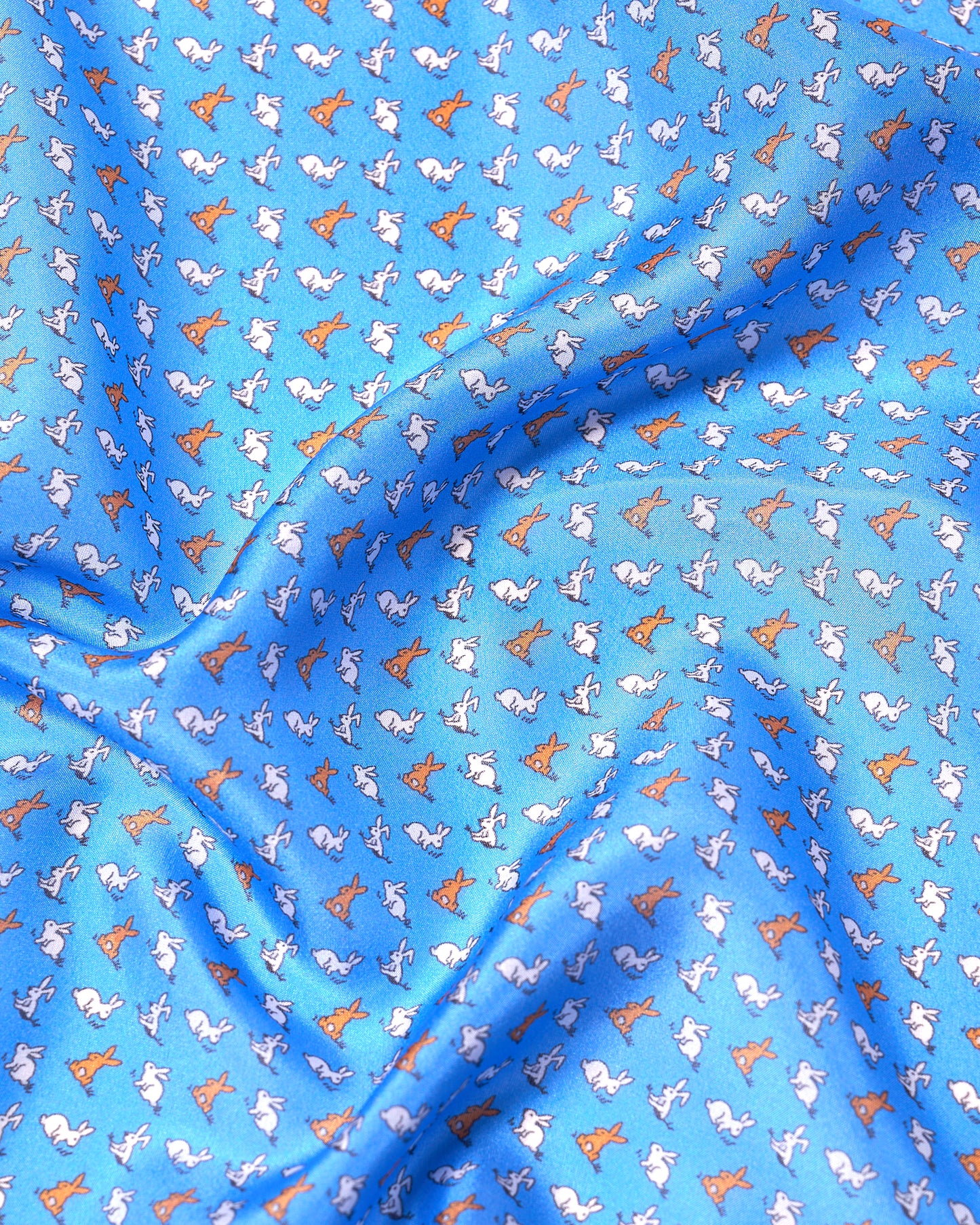 Pocket square - Printed silk - Blue with white and orange rabbit motif