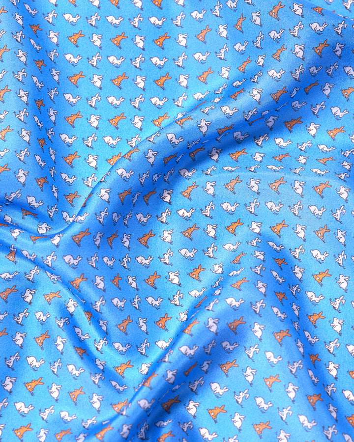 Pocket square - Printed silk - Blue with white and orange rabbit motif