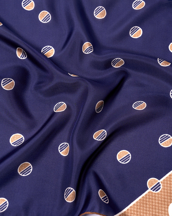 Pocket square - silk - Navy blue with large brown circle