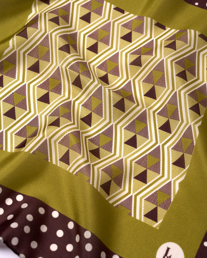 Pocket square - silk - Brown and olive geometric and dots