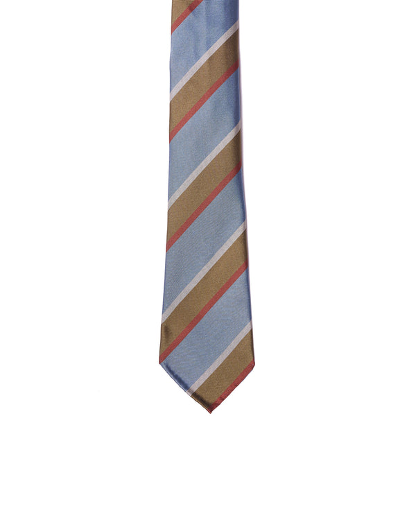 Jacquard tie - 7 Fold - Light blue, olive, gray and brick stripe