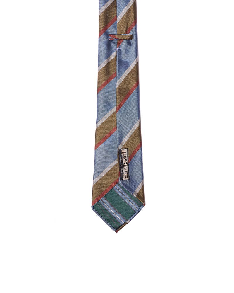 Jacquard tie - 7 Fold - Light blue, olive, gray and brick stripe