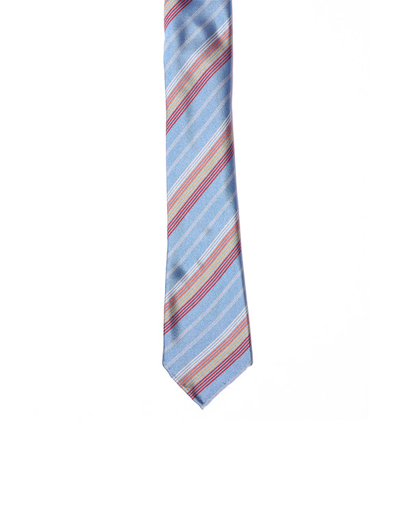 Jacquard tie - 7 Fold - Light blue with red, burgundy, yellow and whtie stripe