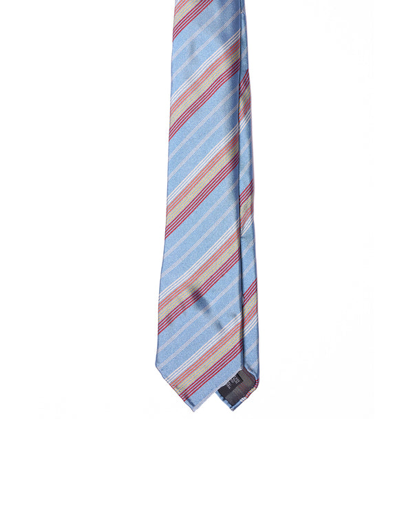 Jacquard tie - 7 Fold - Light blue with red, burgundy, yellow and whtie stripe