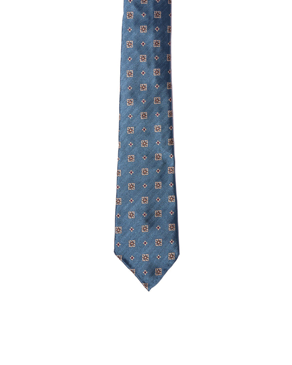 Jacquard tie - 7 Fold - Light blue with white and brown small motif