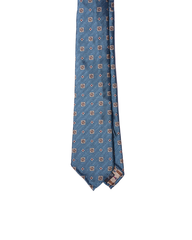 Jacquard tie - 7 Fold - Light blue with white and brown small motif