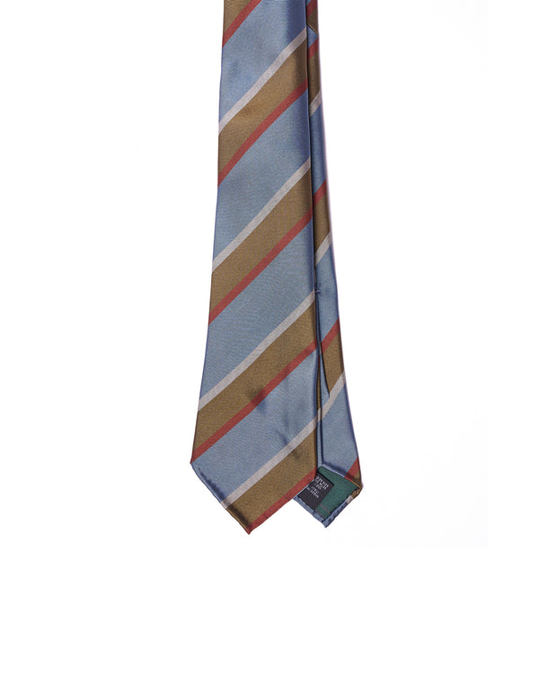 Jacquard tie - 7 Fold - Light blue, olive, gray and brick stripe