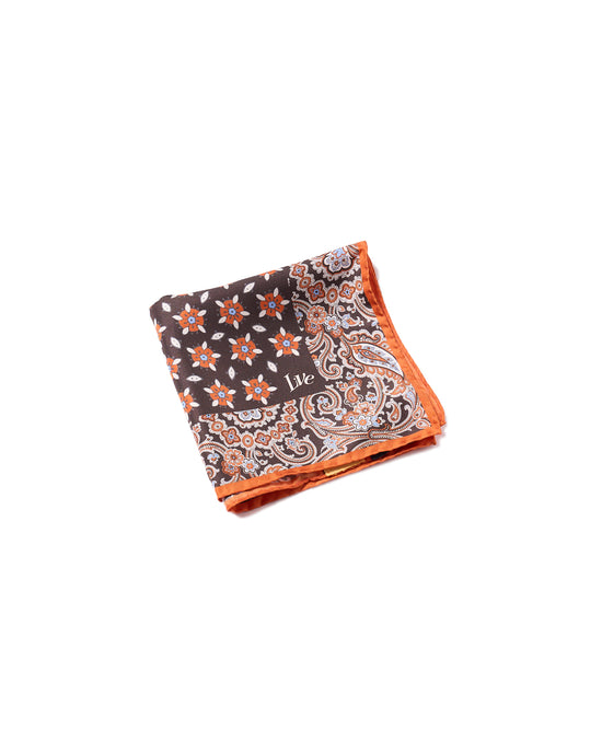 Pocket square - Printed silk - small - brown motif with orange rim