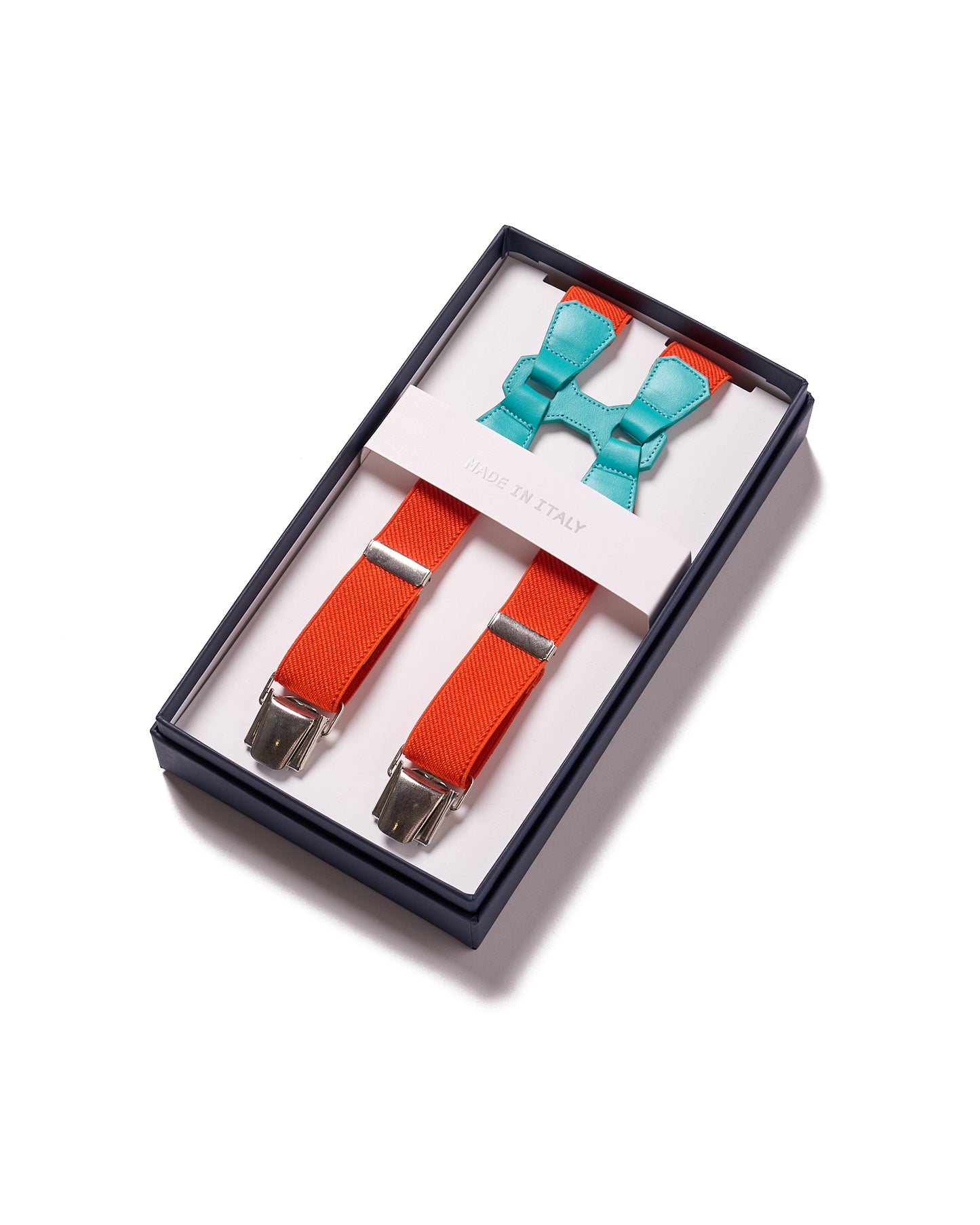 Braces - Clip - Orange strap and light blue leather