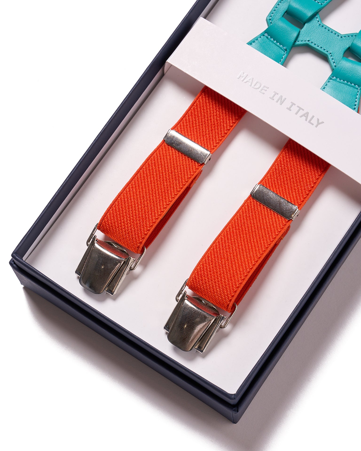 Braces - Clip - Orange strap and light blue leather