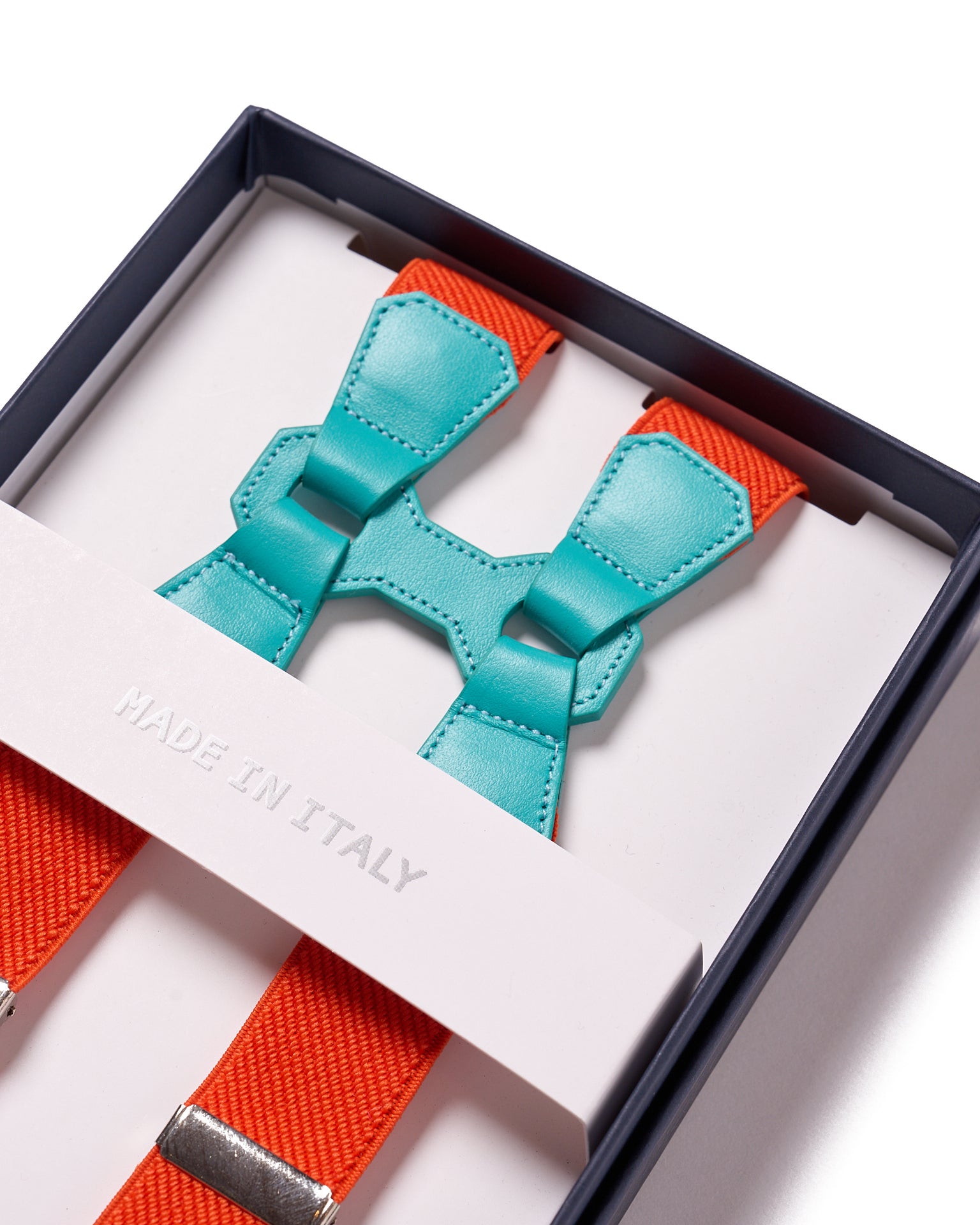 Braces - Clip - Orange strap and light blue leather