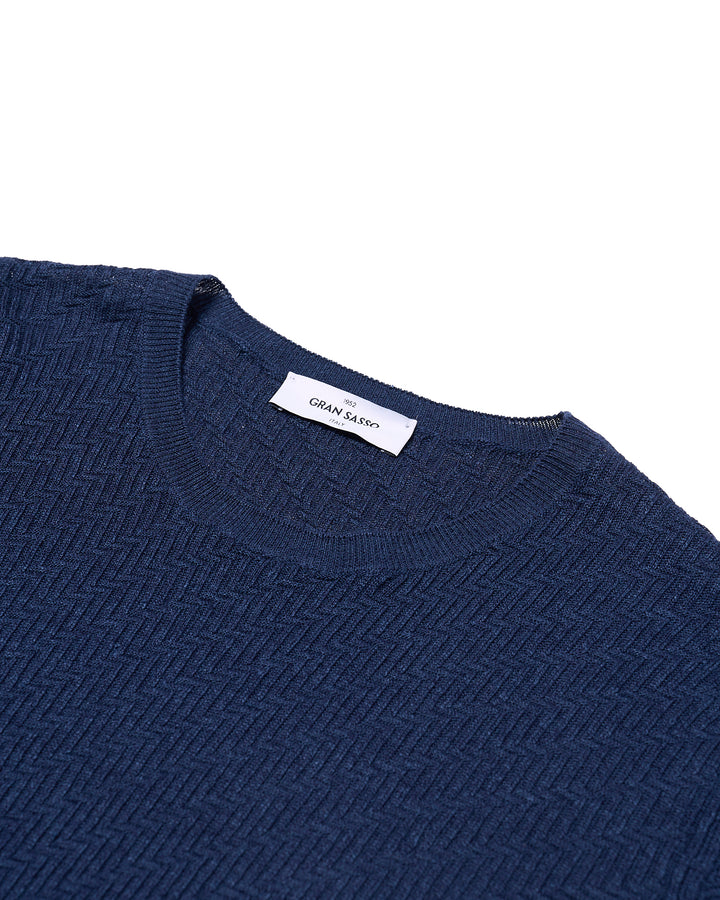 Knitted zigzag linen and cotton T-shirt - Navy blue