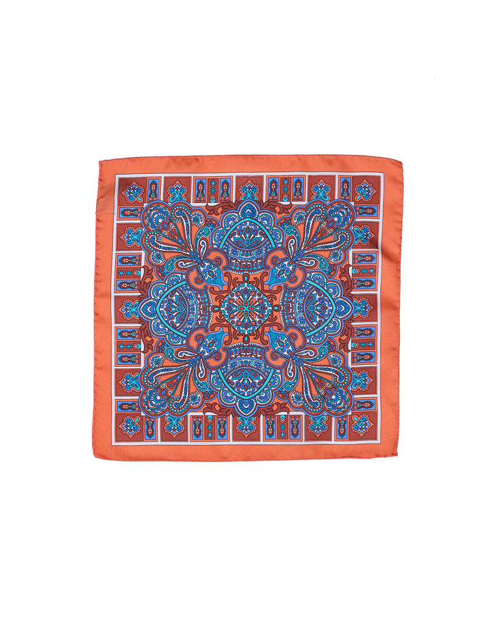 Pocket square - Orange with blue carnival  - silk