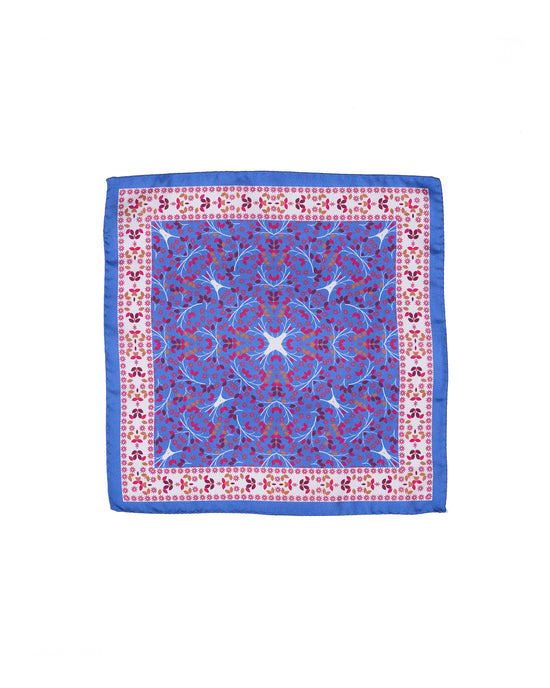 Pocket square - Blue with red and orange motif  - silk