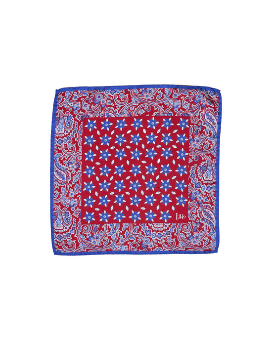 Pocket square - Printed silk - small - red motif with blue  rim