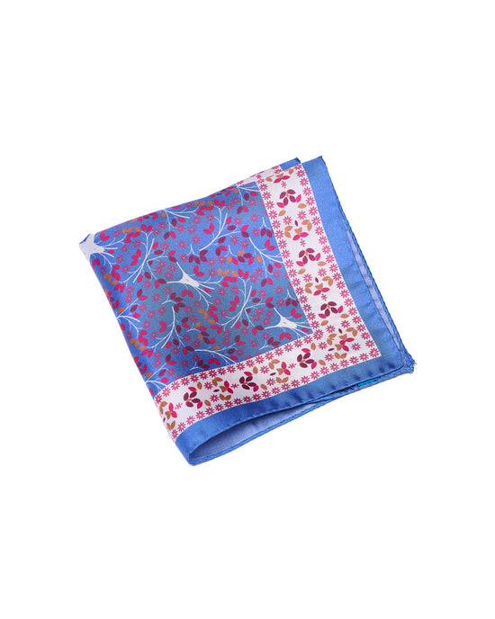 Pocket square - Blue with red and orange motif  - silk